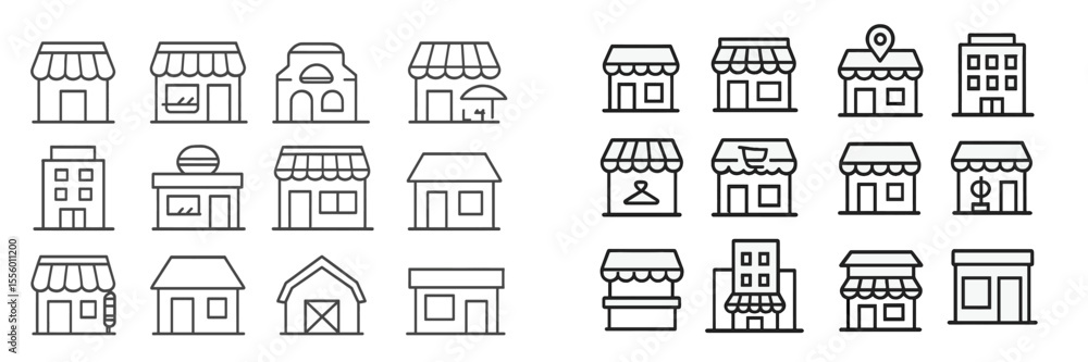Poster simple line art representations of various building types and storefronts in a black and white layou