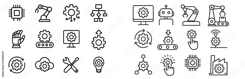 Poster industrial automation icons depicting technology, robotics, and machinery processes in a modern work