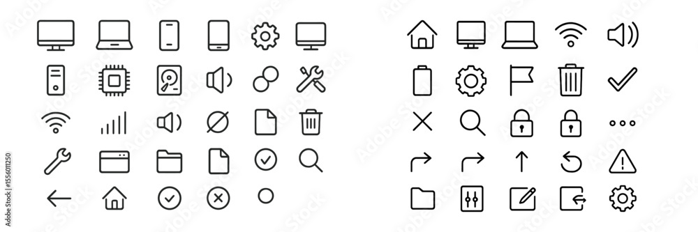 Fototapete Collection of outlined digital icons representing various technology-related features and functions