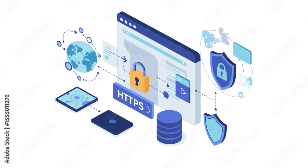 Poster isometric cybersecurity vector illustration for web design with secure browsing elements