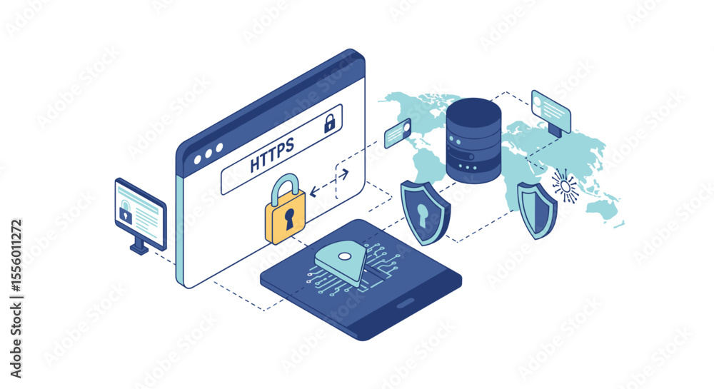 Poster cybersecurity concept vector illustration: data protection with https, network security design for w