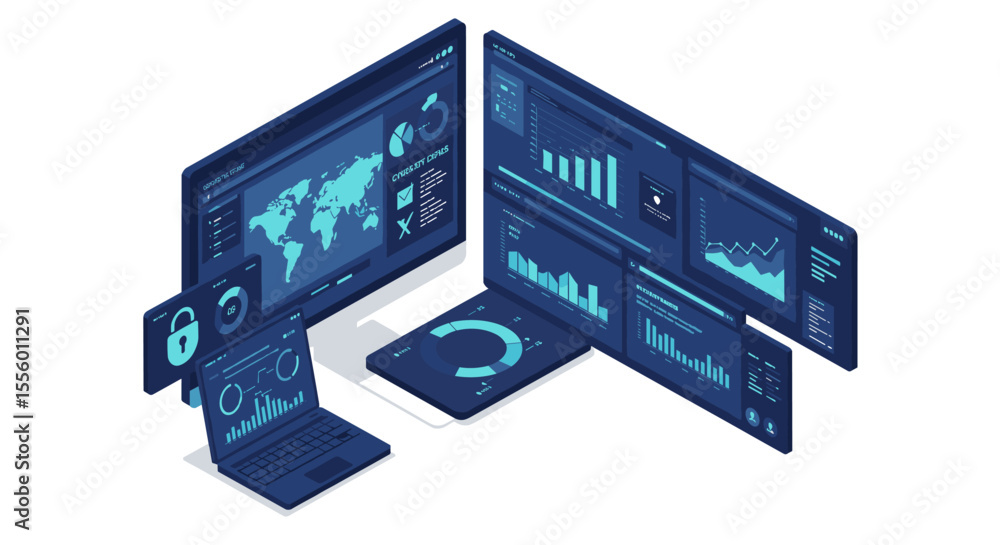 Poster data analysis dashboard vector illustration for digital design with isometric style