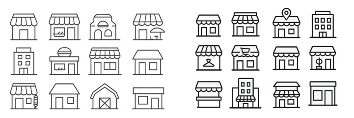 Simple line art representations of various building types and storefronts in a black and white layout