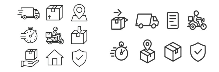 Delivery icons showcasing various transportation and package tracking elements related to shipping and logistics