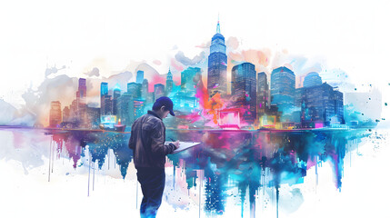 watercolor painting style Floating city architect
