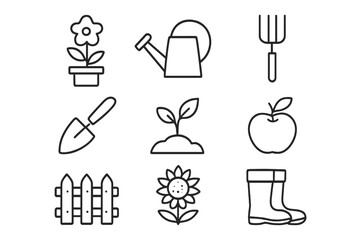 Gardening icons representing tools, plants, and nature elements for outdoor activities