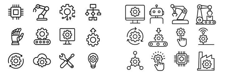 Industrial automation icons depicting technology, robotics, and machinery processes in a modern workspace environment