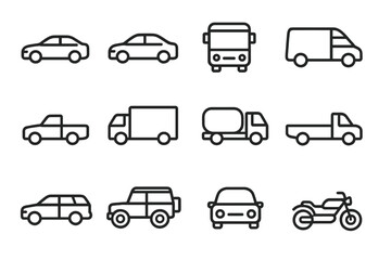 Different types of vehicles illustrated in a minimalist design featuring cars, trucks, and motorcycles