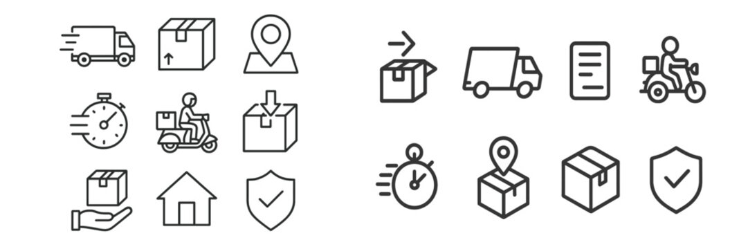 Delivery icons showcasing various transportation and package tracking elements related to shipping and logistics