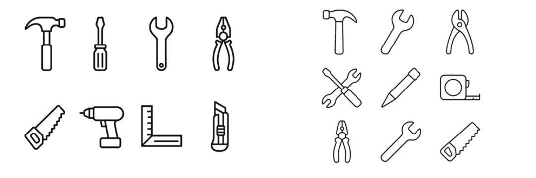 Variety of tools for home improvement displayed in outlined design suitable for DIY projects and workshops