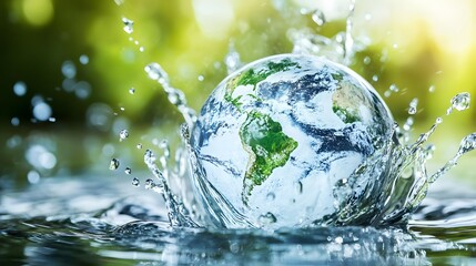 Globe Splashing into Clear Water Representing Earth Conservation and Sustainability perfect for environmental awareness campaigns, clean water initiatives, educational posters, eco-theme advertising