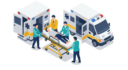 Fototapeta premium Emergency medical response: paramedics assisting patient, ambulance scene vector illustration, isometric style for healthcare design
