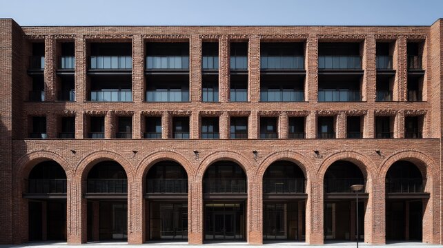 Symmetrical brick arches against soft light. Neural network AI generated