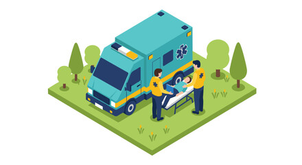 Isometric ambulance emergency scene vector illustration for healthcare posters