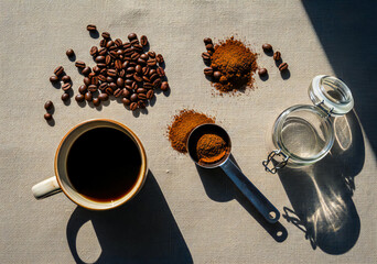 Flatlay Assorted Coffee Brewing Essentials on Linen Background