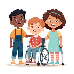 Embracing Diversity: A heartwarming illustration depicts children of diverse backgrounds, a wheelchair user, and a friend with crutches, symbolizing unity, friendship, and inclusion.