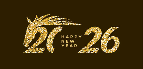 A sparkling gold "2026" design features a horse silhouette, marking the Chinese zodiac Year of the Horse. A festive Asian New Year greeting for the holiday, celebrating Chinese culture and tradition.