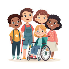 Inclusive Unity: A heartwarming illustration of diverse children of all abilities, coming together in a colorful celebration of unity, showing friendship and acceptance.