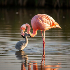 Fototapeta premium Flamingo and Chick Bonding in Water at Sunset – Heartwarming Wildlife Moment in Nature Reserve