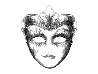 New Year mask in vintage engraving style, hand-drawn festive decor, old sketch celebration motif, seasonal artwork, traditional party icon, retro line illustration