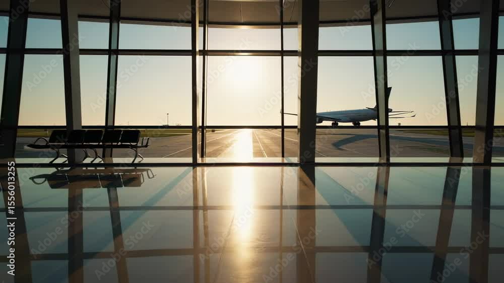 Poster golden sunset casting warm light across spacious airport terminal, illuminating empty seats and larg