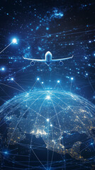Airplane journey around the world global air travel digital art night sky aerial view connectivity