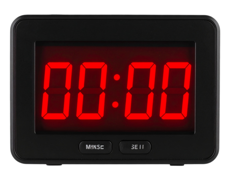  Digital Alarm Clock Displaying 00:00 in Red LED, isolated on transparent background PNG