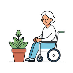 A Moment of Serenity: A gentle, elderly woman sits contentedly beside a thriving potted plant, her calm demeanor radiating peace and serenity. The image encapsulates the essence of aging gracefully.