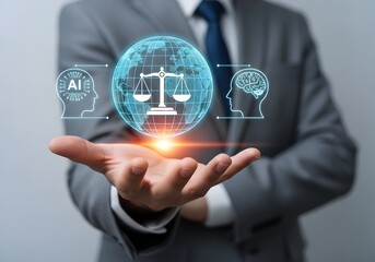 AI ethics and legal concept. Controlling artificial intelligence technology is a high risk. Businessman showing AI ethics icon for artificial intelligence law and legal regulations.