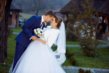 A bride and groom are kissing in front of a building