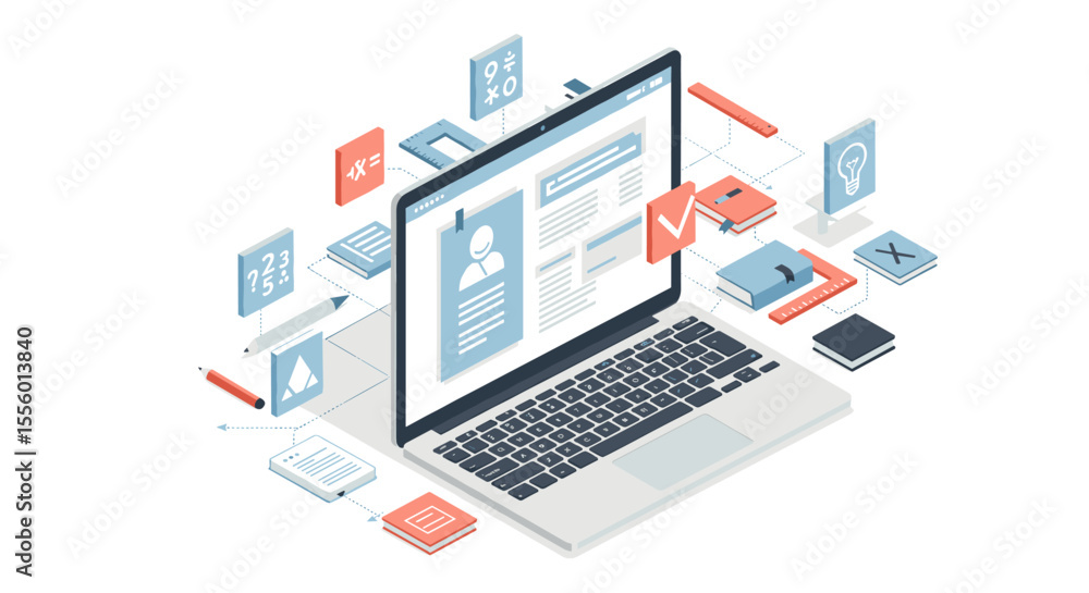 Aufkleber digital workspace vector illustration for conceptual design and online learning in isometric style