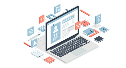 Digital workspace vector illustration for conceptual design and online learning in isometric style