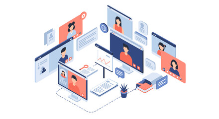 Obraz premium Virtual meeting isometric vector illustration for digital communication design