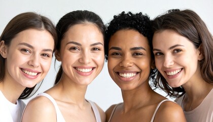 Female friends standing close and smiling in front of bright white background representing strong emotional bond