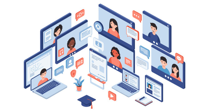 Online learning environment vector illustration - isometric design for educational technology and virtual classrooms