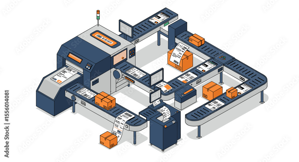 Poster automated parcel sorting system vector illustration for logistics design in isometric style