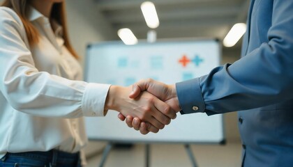 Fototapeta premium Cose-up of a handshake between two business people, blurred office background, symbol of partnership