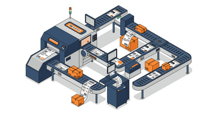 Fototapeta premium Automated parcel sorting system vector illustration for logistics design in isometric style