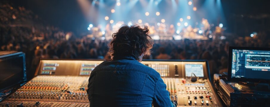 A lone sound engineer meticulously crafts the perfect sonic landscape for a roaring live concert audience.