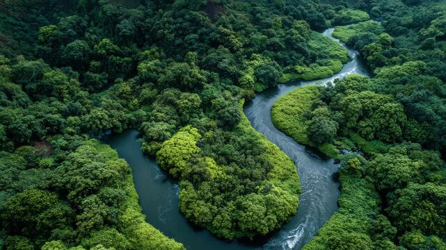 Aerial view captures a meandering river flowing through a vibrant rainforest. Dense greenery contrasts with the water, creating a tranquil and picturesque landscape at sunrise