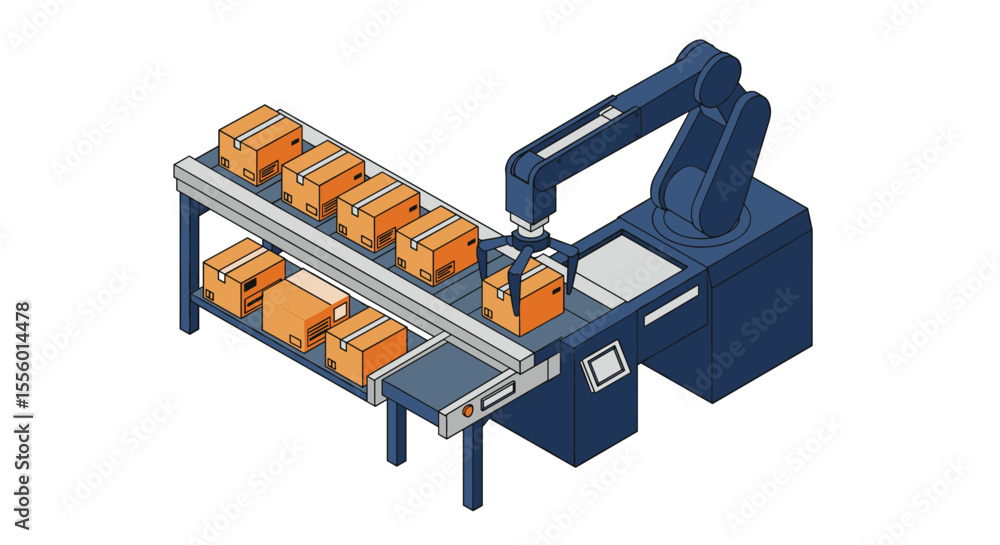 Poster automated factory machine with robotic arm in conveyor belt vector illustration for industrial desig