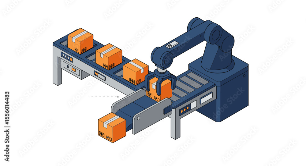 Poster automated factory system vector illustration: industrial robotics for efficient packaging process in