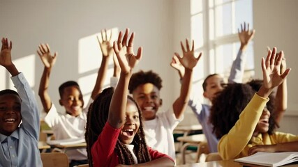 Diverse group of elementary school students participating enthusiastically in classroom learning, raising hands and engaging with teacher during dynamic educational interaction - Powered by Adobe