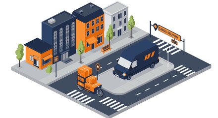 Urban cargo delivery concept vector illustration in isometric style for city transport design