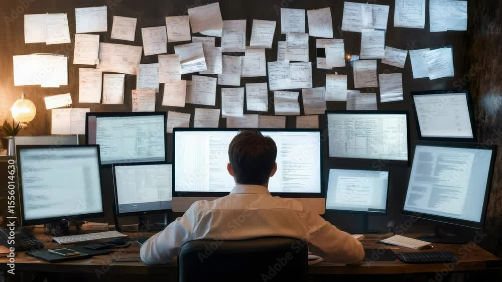 Fototapete Software developer immersed in coding, surrounded by multiple monitors and sticky notes on the wall, diligently creating new applications or troubleshooting existing software