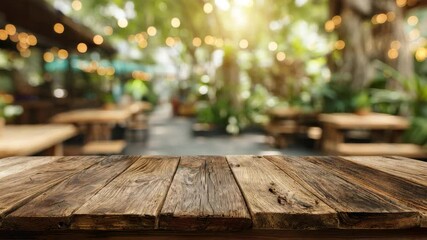 This inviting setting features wooden tables surrounded by greenery and soft lighting, creating a perfect ambiance for meals and gatherings in a lush garden environment