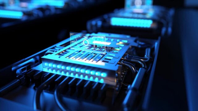 Modern technology comes to life with a vibrant blue circuit board featuring a holographic display. The sophisticated setup exudes a futuristic ambiance, highlighting innovation - Powered by Adobe