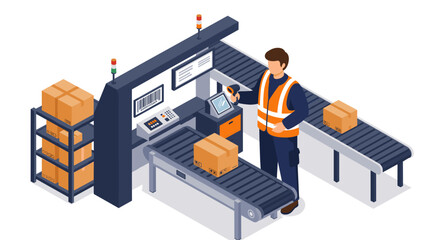 Isometric vector illustration of warehouse automation: package scanning for logistics and shipping design
