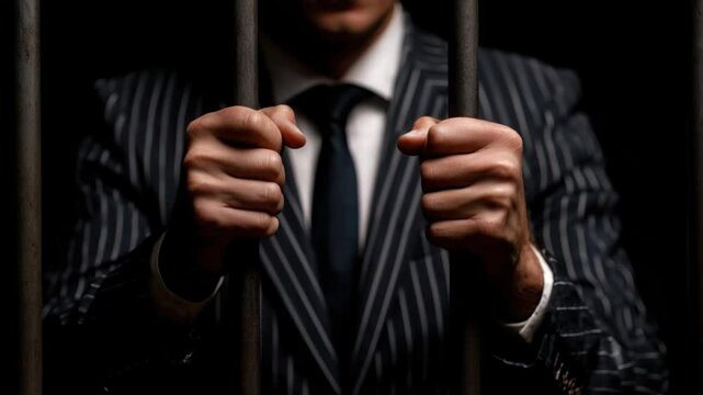 A person dressed in a pinstriped suit tightly grips the metal bars of a cell, illustrating a powerful moment of entrapment and tension in an ominous atmosphere