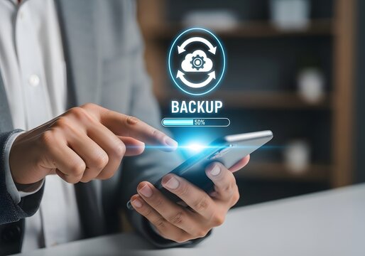 Backup concept, Online digital data storage and connection service. Businessman using smartphone with backup status bar for data backup management.